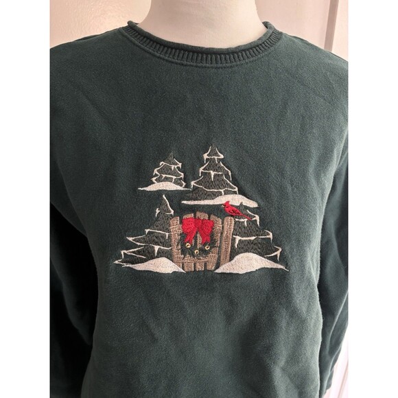 Vtg Embroidered Christmas Sweatshirt, Cardinal Snowy Pines, Wreath Cottagecore S - Picture 2 of 8